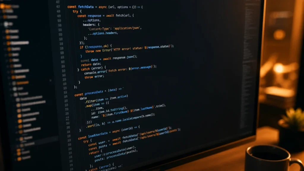 Modern JavaScript code in a dark-themed code editor