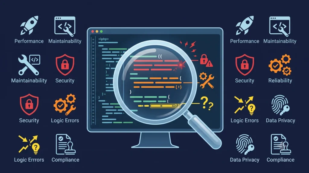 Developer running a code audit on AI-generated code from an agentic editor showing security quality and business logic issues being identified and fixed