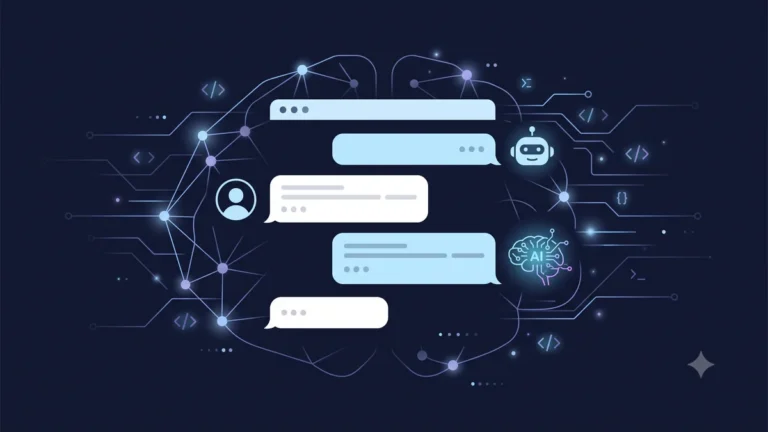 AI chatbot development illustration showing conversational interface with natural language processing and business automation for 2026