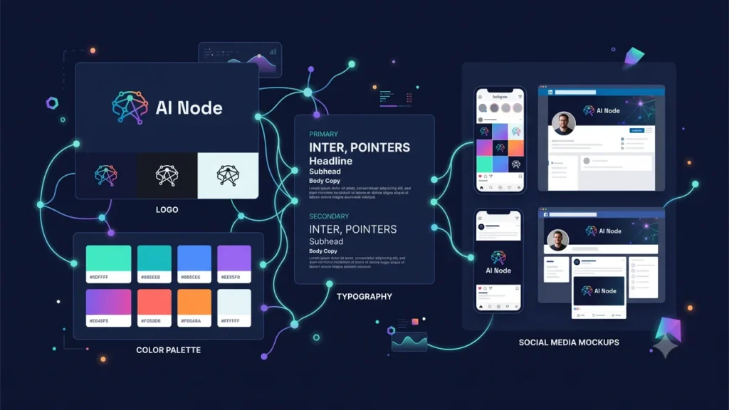 AI-powered brand building showing logo design color palette typography and brand identity system created using artificial intelligence tools for startups and SMBs