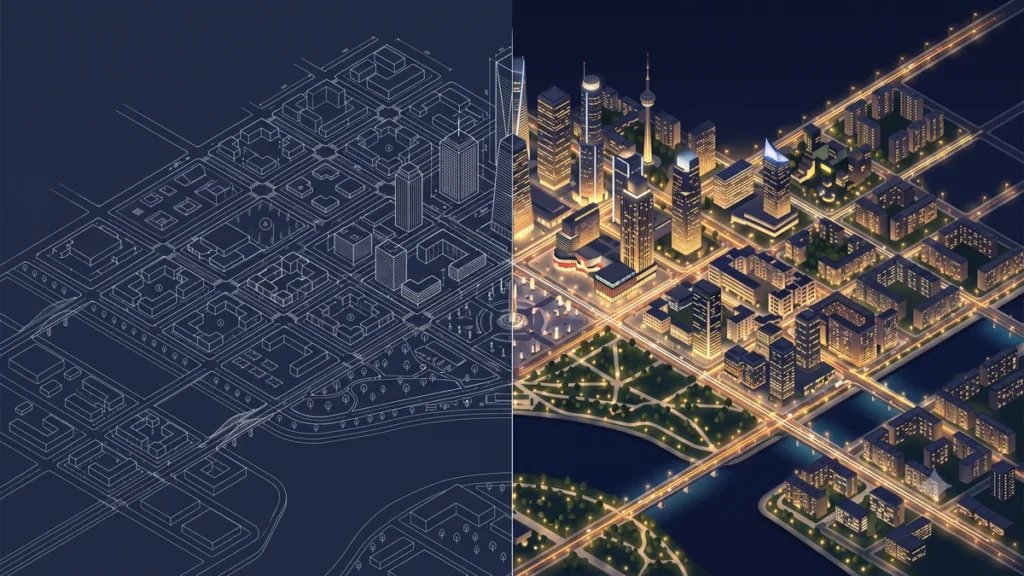 Website development process illustrated as building a city showing planning design infrastructure and maintenance stages for business websites