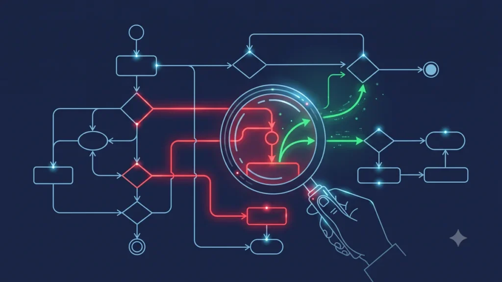 Business logic audit illustration showing AI-generated code with incorrect business rules being identified and corrected by a developer reviewing flowchart logic