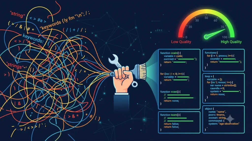 Code quality audit illustration showing AI-generated technical debt being identified and refactored into clean maintainable code in Laravel PHP applications