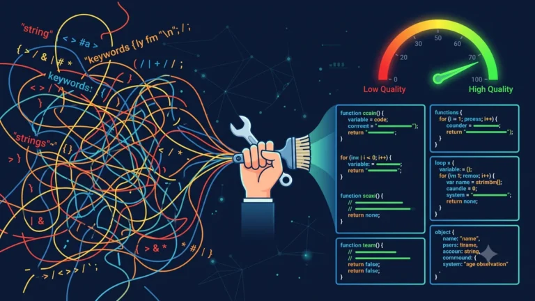 Code quality audit illustration showing AI-generated technical debt being identified and refactored into clean maintainable code in Laravel PHP applications