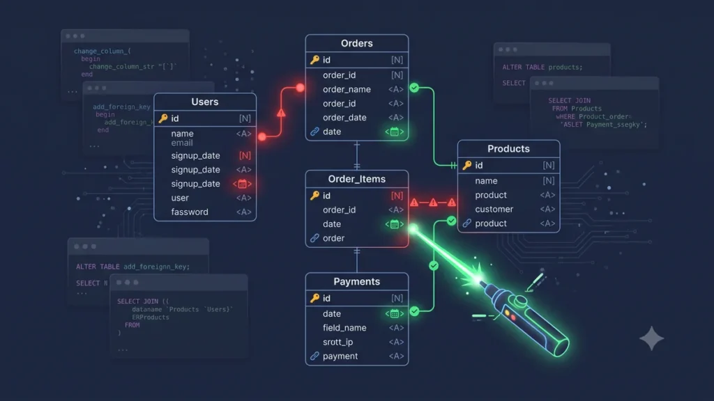 Database audit illustration showing AI-generated schema with missing constraints wrong data types and unsafe queries being identified and corrected in Laravel MySQL application