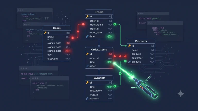 Database audit illustration showing AI-generated schema with missing constraints wrong data types and unsafe queries being identified and corrected in Laravel MySQL application