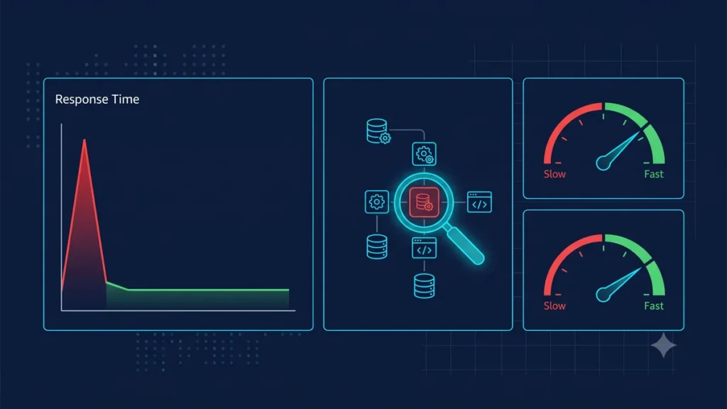 Performance audit dashboard for AI-built web application showing N+1 query bottlenecks being identified and optimized in Laravel PHP application