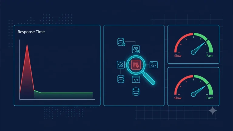 Performance audit dashboard for AI-built web application showing N+1 query bottlenecks being identified and optimized in Laravel PHP application