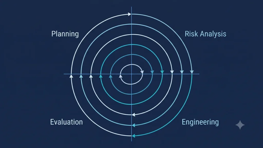 Spiral software development model diagram showing four phases of planning risk analysis engineering and evaluation in iterative cycles