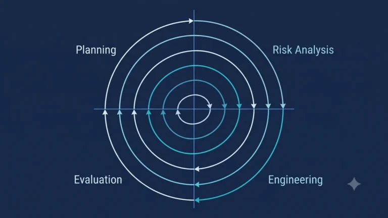 Spiral software development model diagram showing four phases of planning risk analysis engineering and evaluation in iterative cycles