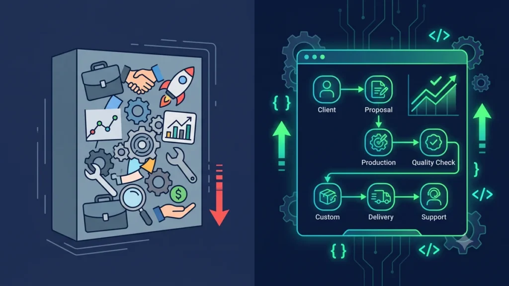Custom software development illustration comparing off-the-shelf solutions versus bespoke business applications built for specific workflows