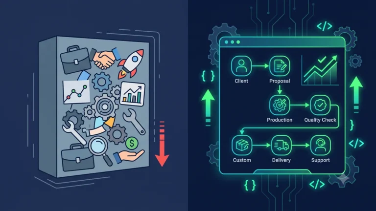 Custom software development illustration comparing off-the-shelf solutions versus bespoke business applications built for specific workflows
